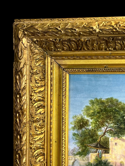 QUADRO / DIPINTO SU PIASTRA CERAMICA “SCENA ORIENTALE DEL LAGO” CON CORNICE