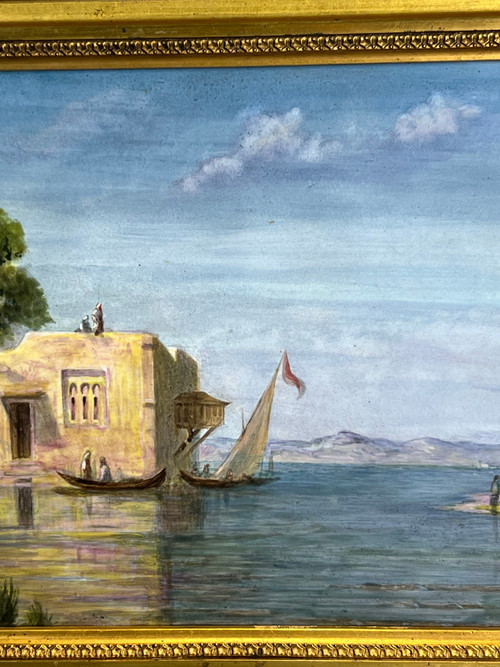 QUADRO / DIPINTO SU PIASTRA CERAMICA “SCENA ORIENTALE DEL LAGO” CON CORNICE