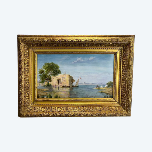 QUADRO / DIPINTO SU PIASTRA CERAMICA “SCENA ORIENTALE DEL LAGO” CON CORNICE