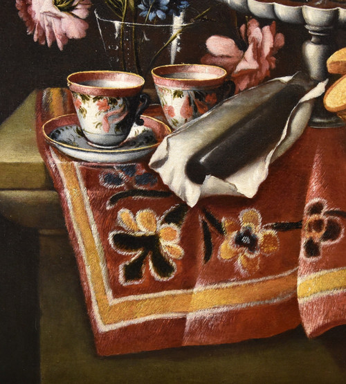 Giacomo Nani (Porto Ercole 1698 - Napoli 1770), Natura morta con fiori, alzata con cristalli...