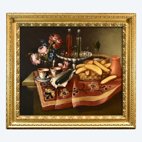 Giacomo Nani (Porto Ercole 1698 - Napoli 1770), Natura morta con fiori, alzata con cristalli...