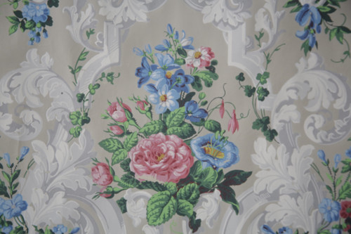 Lé de papier peint oiseaux et fleurs XIXe - « Pierre de gris » 