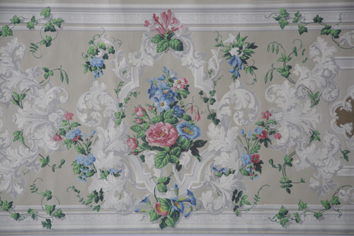 Lé de papier peint oiseaux et fleurs XIXe - « Pierre de gris » 