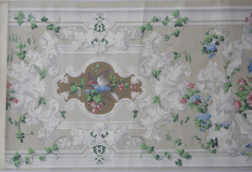 Lé de papier peint oiseaux et fleurs XIXe - « Pierre de gris » 