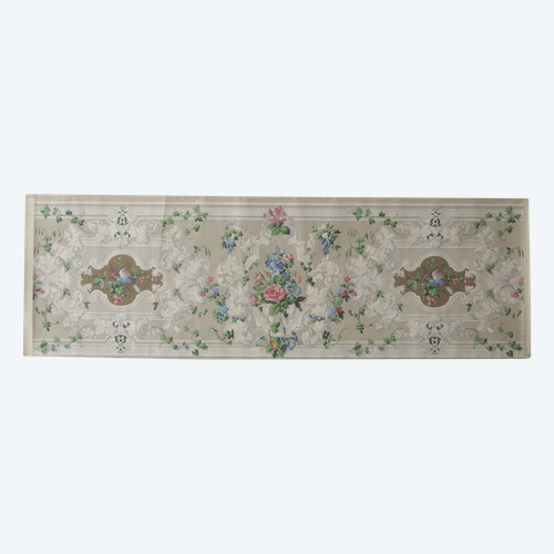 Lé de papier peint oiseaux et fleurs XIXe - « Pierre de gris » 