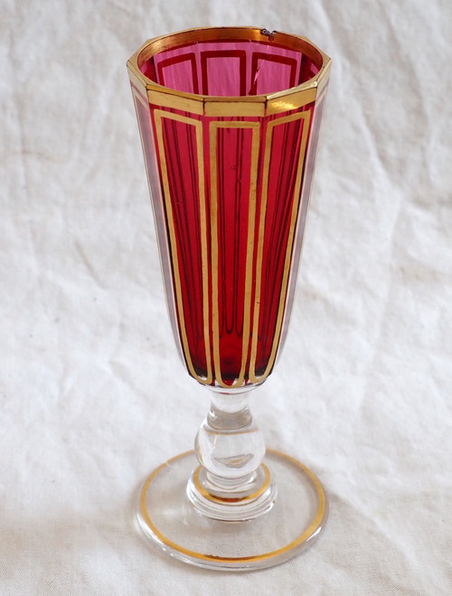 Baccarat: ruby red and gilded crystal liqueur service, Cannelures model - paper label