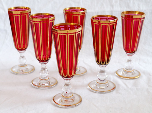 Baccarat: ruby red and gilded crystal liqueur service, Cannelures model - paper label