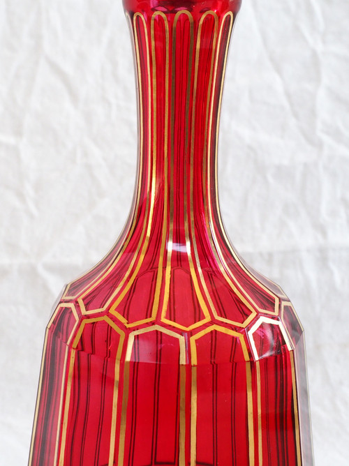 Baccarat: ruby red and gilded crystal liqueur service, Cannelures model - paper label