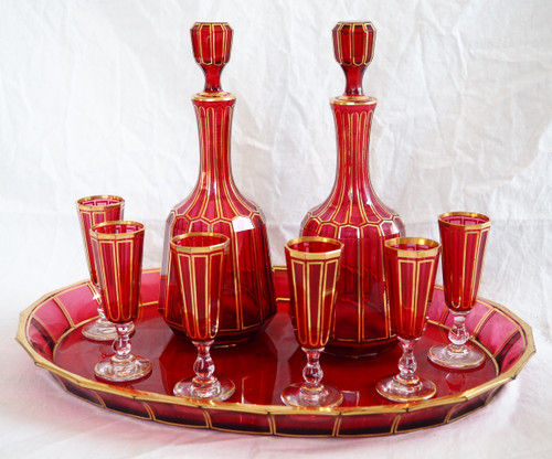 Baccarat: ruby red and gilded crystal liqueur service, Cannelures model - paper label