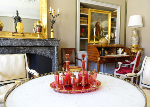 Baccarat: ruby red and gilded crystal liqueur service, Cannelures model - paper label