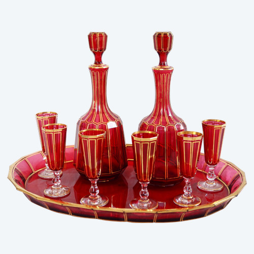 Baccarat: ruby red and gilded crystal liqueur service, Cannelures model - paper label