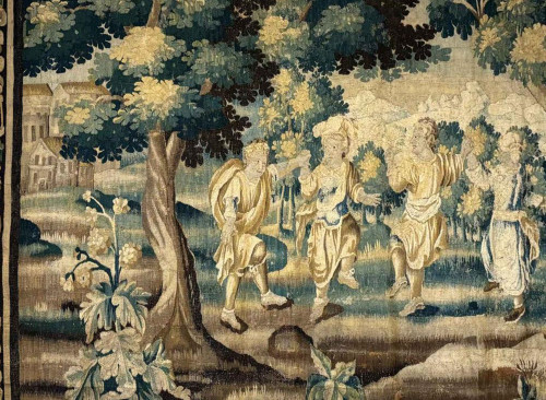Large Aubusson tapestry characters Dance landscape castle coat of arms 17th century