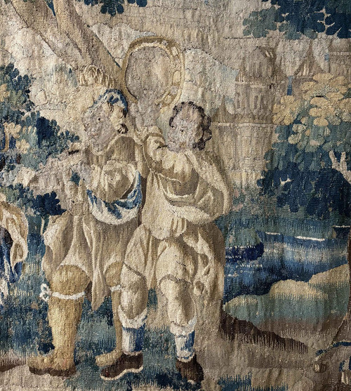 Large Aubusson tapestry characters Dance landscape castle coat of arms 17th century