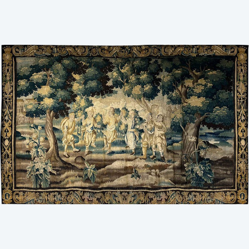 Large Aubusson tapestry characters Dance landscape castle coat of arms 17th century