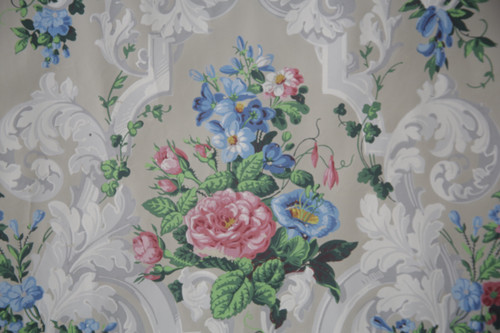 Lé de papier peint oiseaux et fleurs XIXe - « Pierre de gris » 