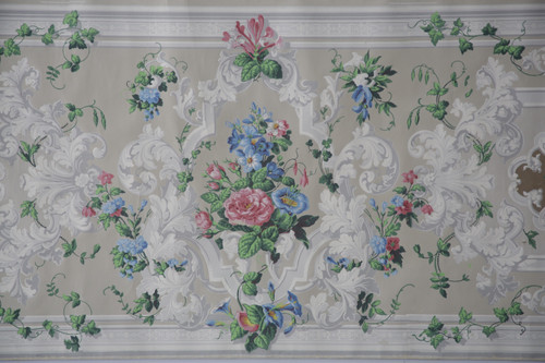 Lé de papier peint oiseaux et fleurs XIXe - « Pierre de gris » 