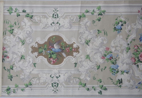 Lé de papier peint oiseaux et fleurs XIXe - « Pierre de gris » 