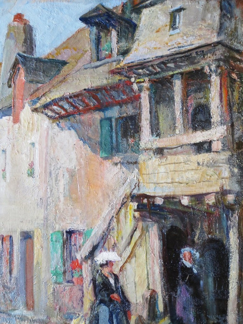 Eine Straße in Auray, Morbihan, signiert von Albert FERNAND-RENAULT.   