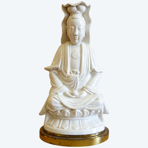 Statua Guanyin in porcellana cinese, base in bronzo - decoro cineserie / mobile cinese
