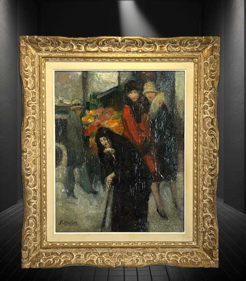 DIPINTO / OLIO SU TELA FIRMATO DA PIERRE DE.BELAIR " ELEGANTES AU MARCHÉ " (ELEGANTI AL MERCATO)