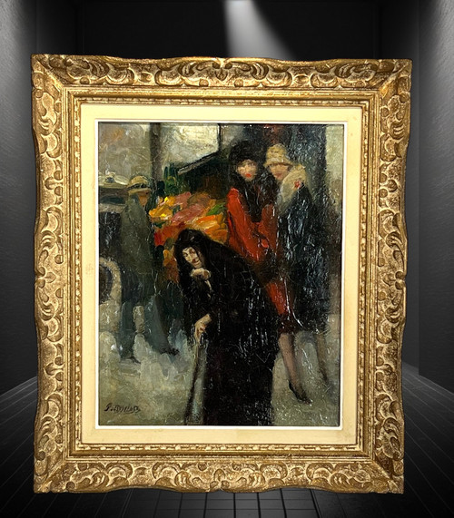 DIPINTO / OLIO SU TELA FIRMATO DA PIERRE DE.BELAIR " ELEGANTES AU MARCHÉ " (ELEGANTI AL MERCATO)