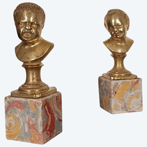 After Houdon - Jean qui rit et Jean qui pleure - pair of small bronze busts