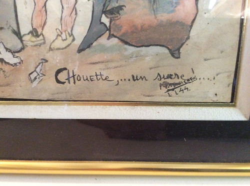 tableau avec aquarelle scene de rue avec enfants ​​​​​​​ vers année 50