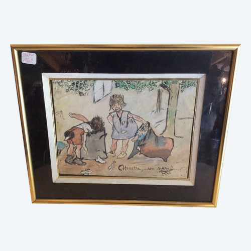 tableau avec aquarelle scene de rue avec enfants ​​​​​​​ vers année 50