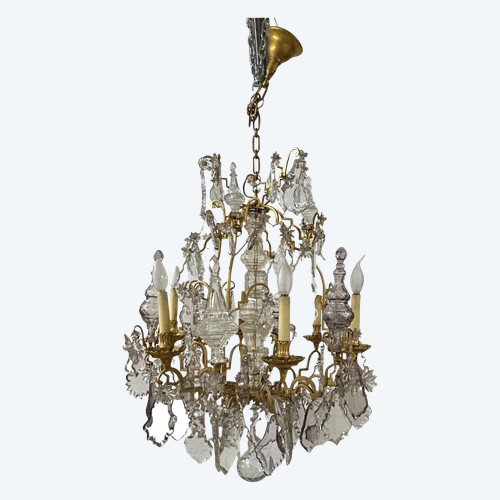 Lampadario a gabbia in bronzo e cristallo in stile Luigi XV Circa 1950