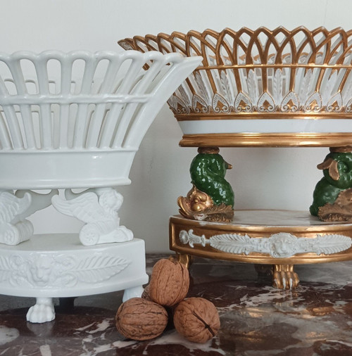 Darte Frères - grande navetta o cestino in porcellana - Periodo Impero, restauro