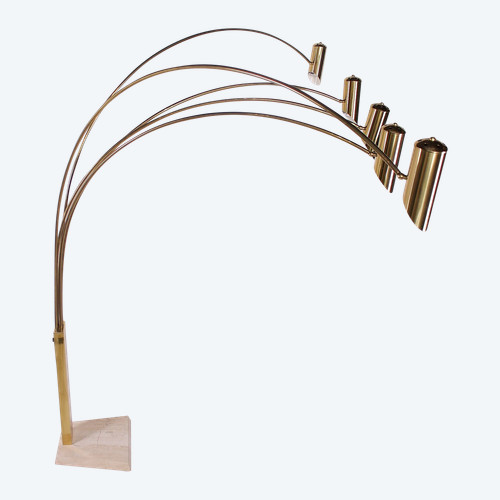 Italian 5-arm floor lamp, travertine & brass (H 215 cm)