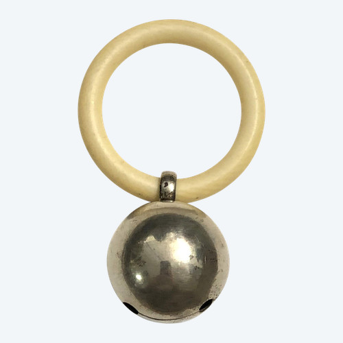 ancien hochet de bébé en argent massif poinçonné Anneau de dentition en ivoire