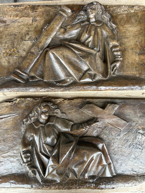 Paire De Panneaux En Bois Sculpté Religieux à Haut Relief époque XVIIème Siècle