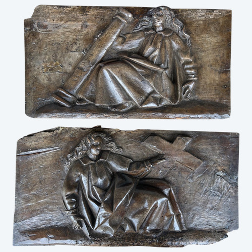 Paire De Panneaux En Bois Sculpté Religieux à Haut Relief époque XVIIème Siècle