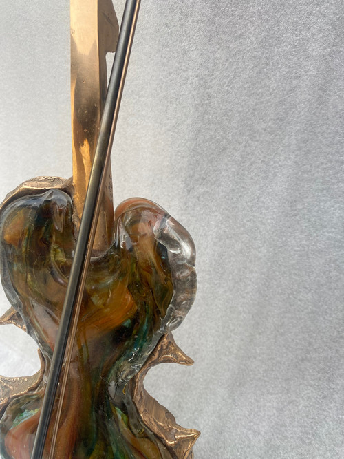 1970/80 Lampada a violino in bronzo e paté de verre, scultura firmata LOHE