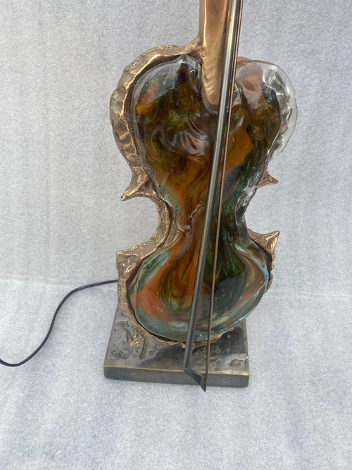 1970/80 Lampada a violino in bronzo e paté de verre, scultura firmata LOHE