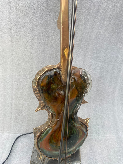 1970/80 Lampada a violino in bronzo e paté de verre, scultura firmata LOHE