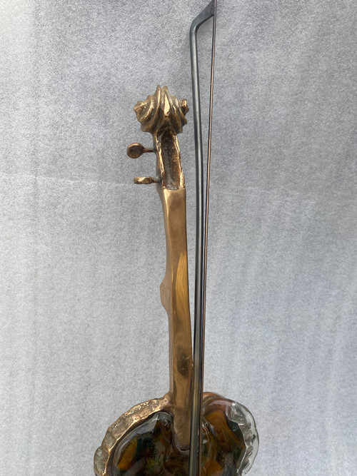 1970/80 Lampada a violino in bronzo e paté de verre, scultura firmata LOHE