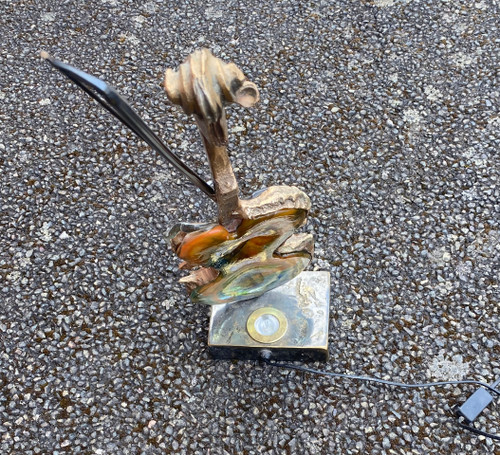 1970/80 Lampada a violino in bronzo e paté de verre, scultura firmata LOHE