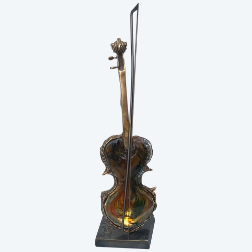 1970/80 Lampada a violino in bronzo e paté de verre, scultura firmata LOHE