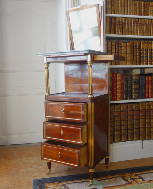 Barbière Toilettentisch aus der Zeit des Louis XVI Directoire aus Mahagoni und blauem Marmor Turquin