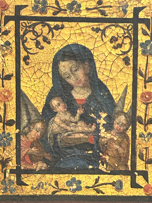Olio su tela Vergine con Bambino tra due angeli musicanti - Fondo oro - XVIII secolo