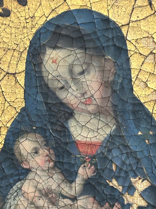 Olio su tela Vergine con Bambino tra due angeli musicanti - Fondo oro - XVIII secolo