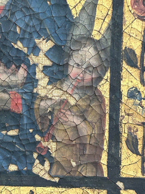 Olio su tela Vergine con Bambino tra due angeli musicanti - Fondo oro - XVIII secolo