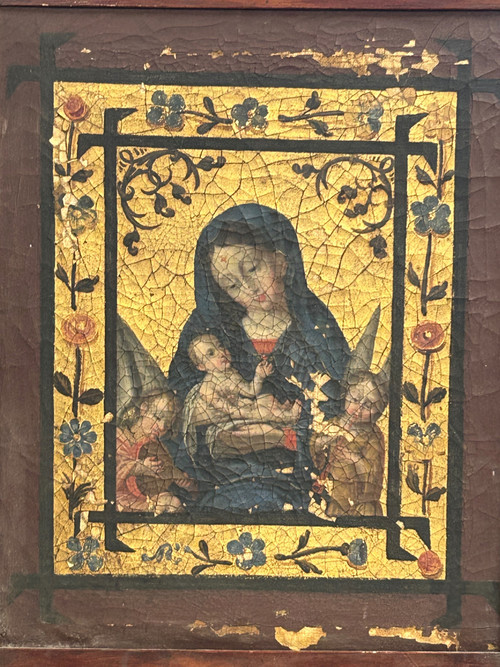 Olio su tela Vergine con Bambino tra due angeli musicanti - Fondo oro - XVIII secolo