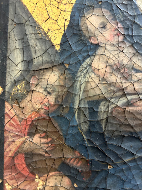 Olio su tela Vergine con Bambino tra due angeli musicanti - Fondo oro - XVIII secolo