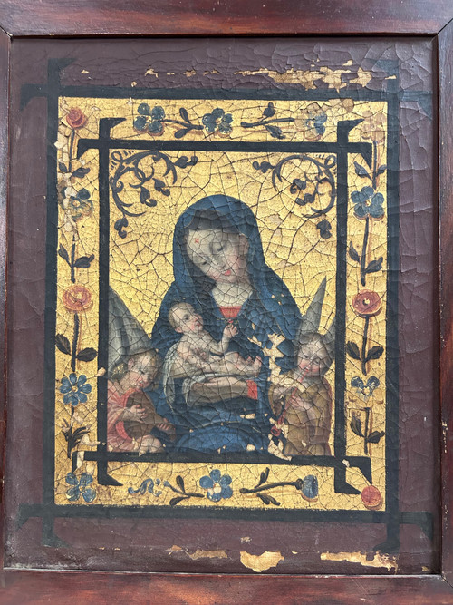 Olio su tela Vergine con Bambino tra due angeli musicanti - Fondo oro - XVIII secolo
