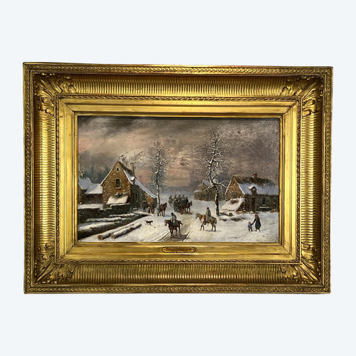 PEINTURE / HUILE SUR TOILE SIGNÉE MALLEBRANCHE 1790-1838 "VILLAGE EN HIVER "