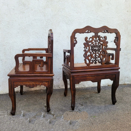 Paire De Fauteuils En Bois Sculpté, Chine, Fin XIXème Début XXème Siècle