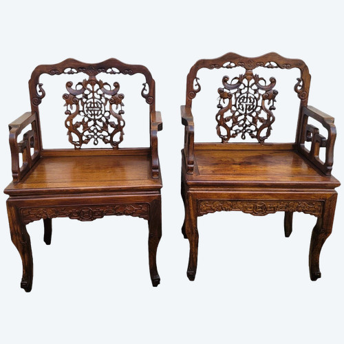 Paire De Fauteuils En Bois Sculpté, Chine, Fin XIXème Début XXème Siècle